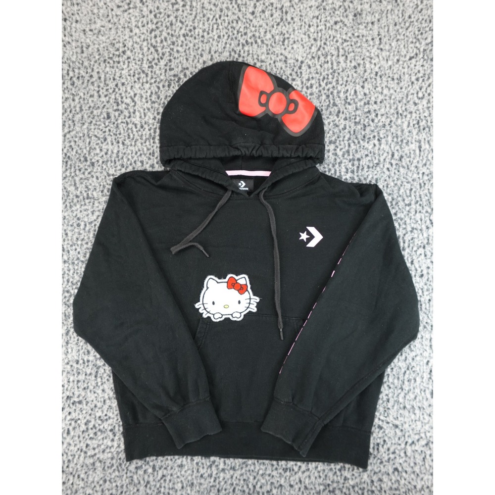 Converse Hello Kitty Hoodie Womens L Black Pullover Chenille Patch Bow‎ Graphic